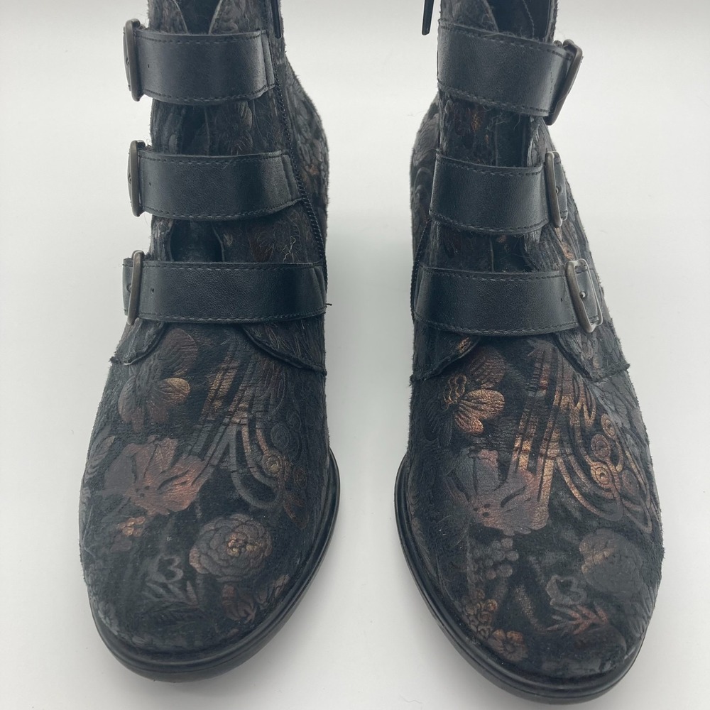 Remonte Black Floral Ankle Boots Bronze Metallic Buckle Side Zip EU 37 US 6.5-7 - Picture 2 of 13